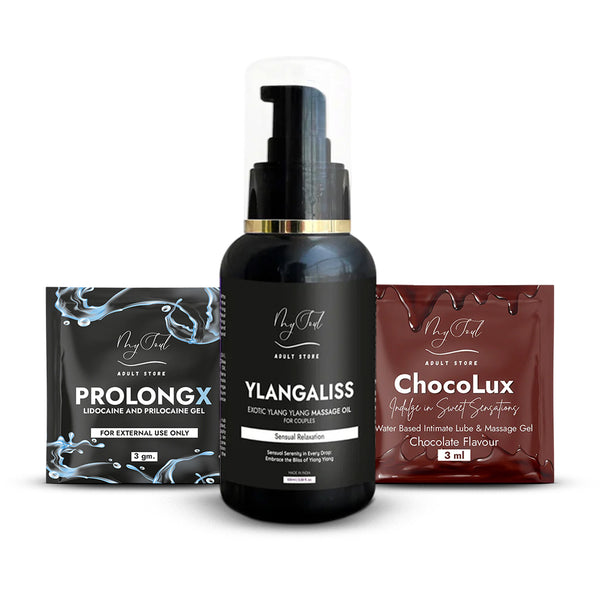 Date Night Kit | Ylangaliss Massage Oil, ProlongX Men Delay Gel & ChocoluX Lubricant (Pack Of 1 Each)